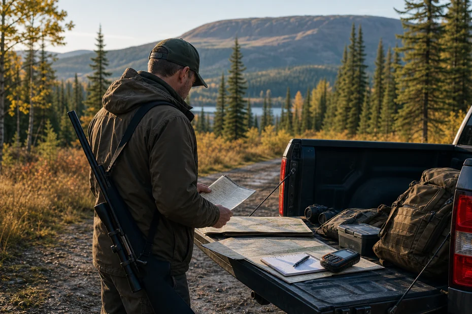 Non-resident hunter reviewing maps and permits before a Canadian hunting trip