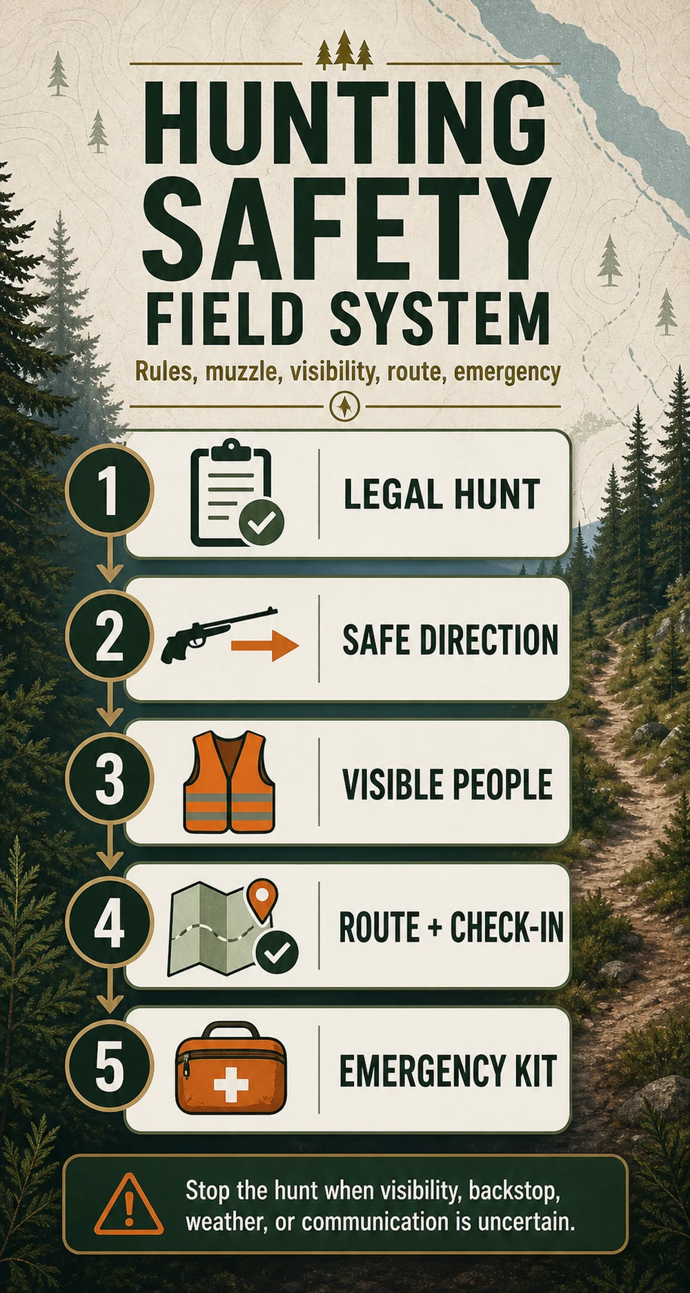Hunting safety field system infographic covering legal hunt safe direction visible people route check-in and emergency kit