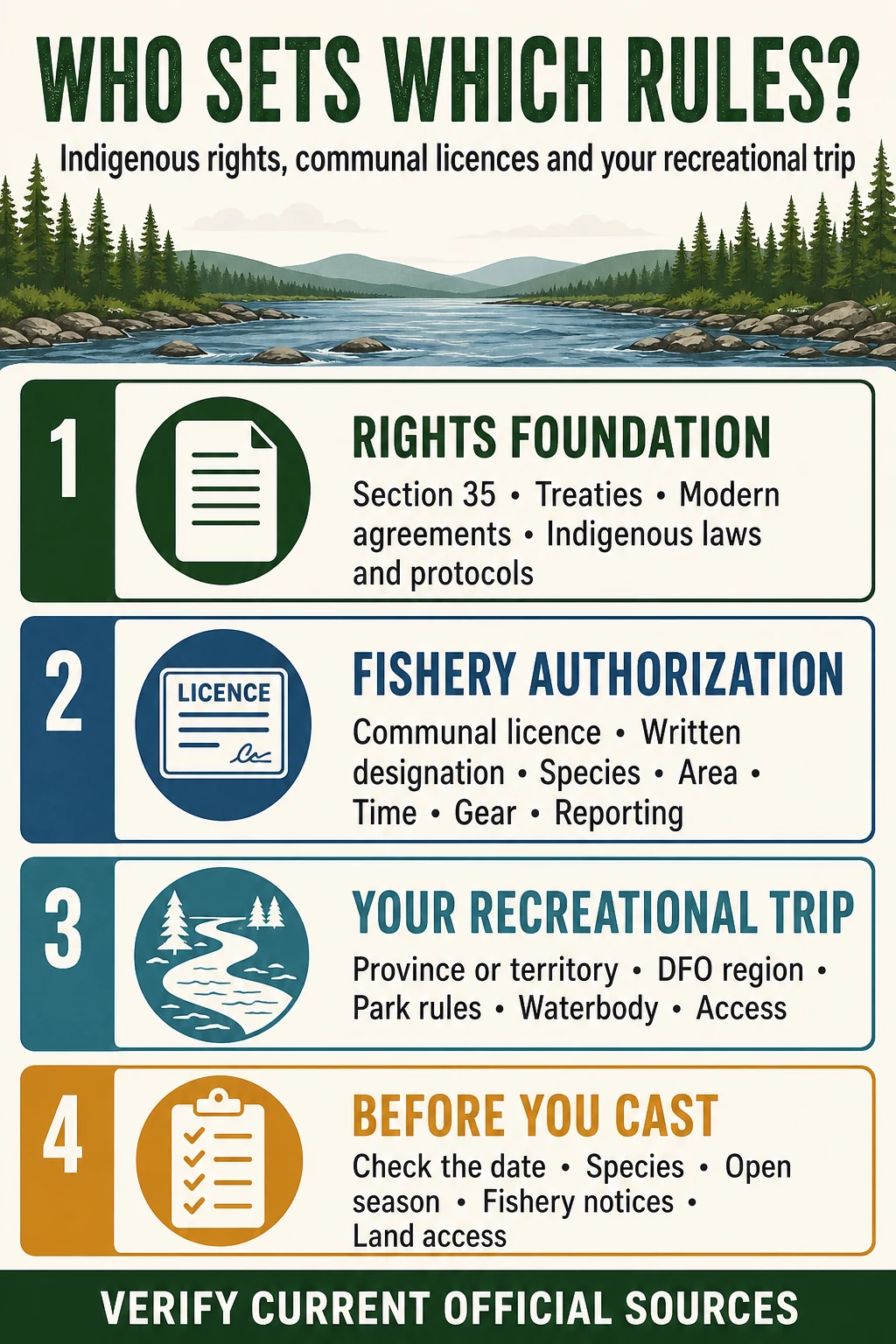 Infographic showing the four places to verify Indigenous fishing rights, communal licence and recreational fishing rules