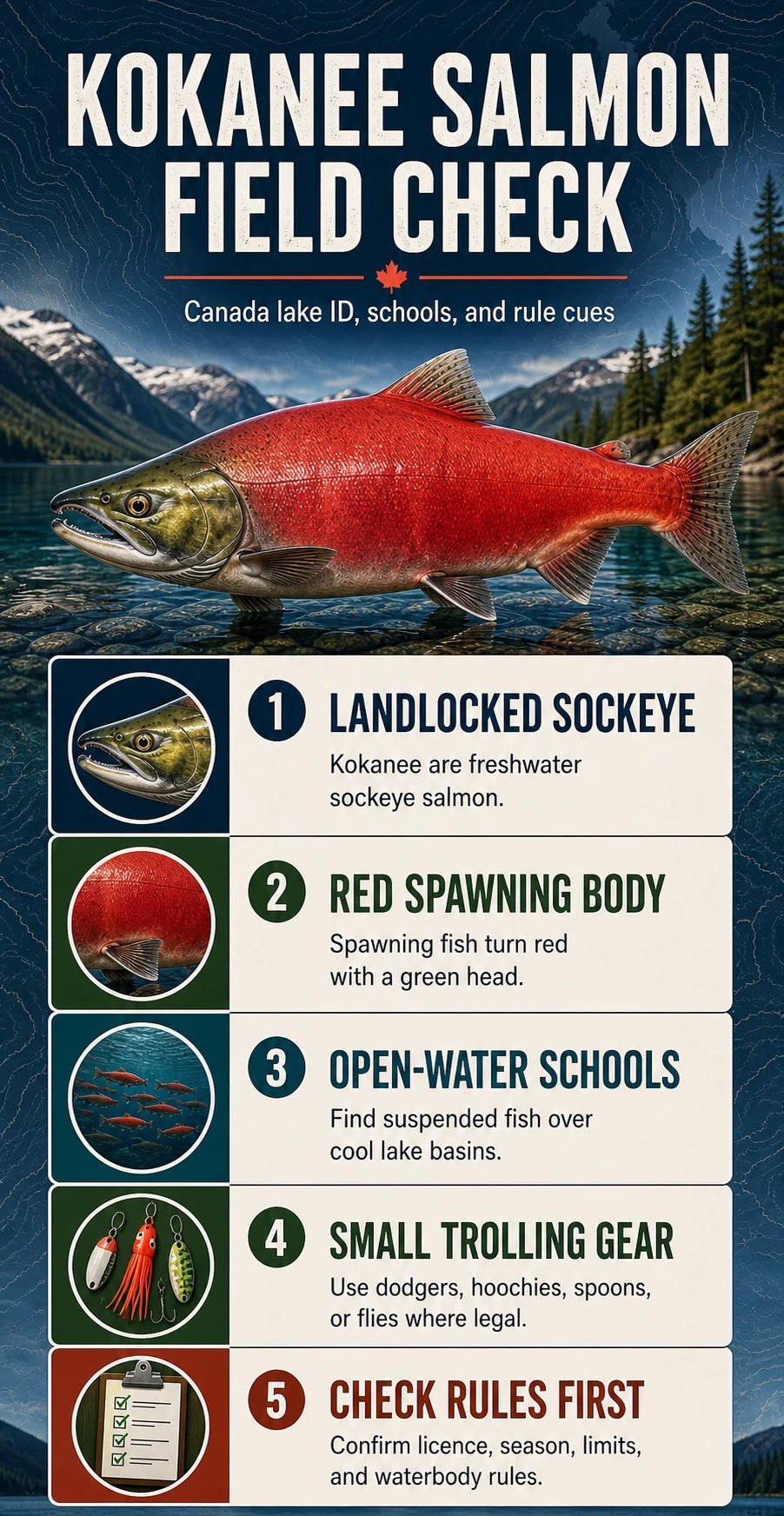 Kokanee Salmon Field Check infographic for Canadian fishing identification, habitat, presentation, and regulation cues
