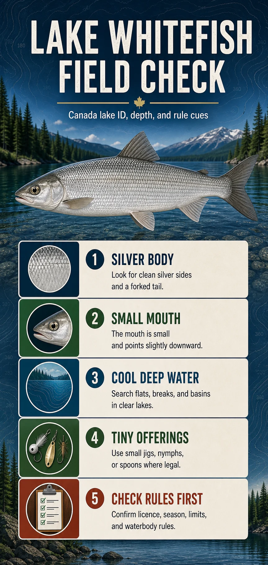 Lake Whitefish Field Check infographic for Canadian fishing identification, habitat, presentation, and regulation cues