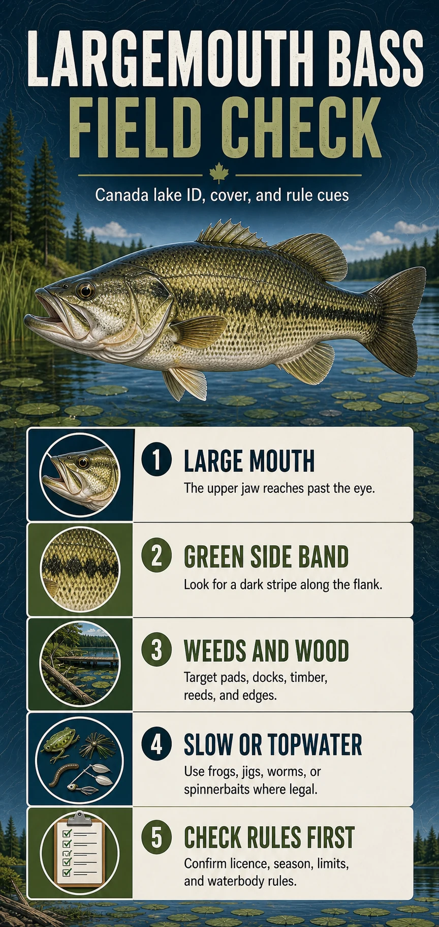 Largemouth Bass Field Check infographic for Canadian fishing identification, habitat, presentation, and regulation cues