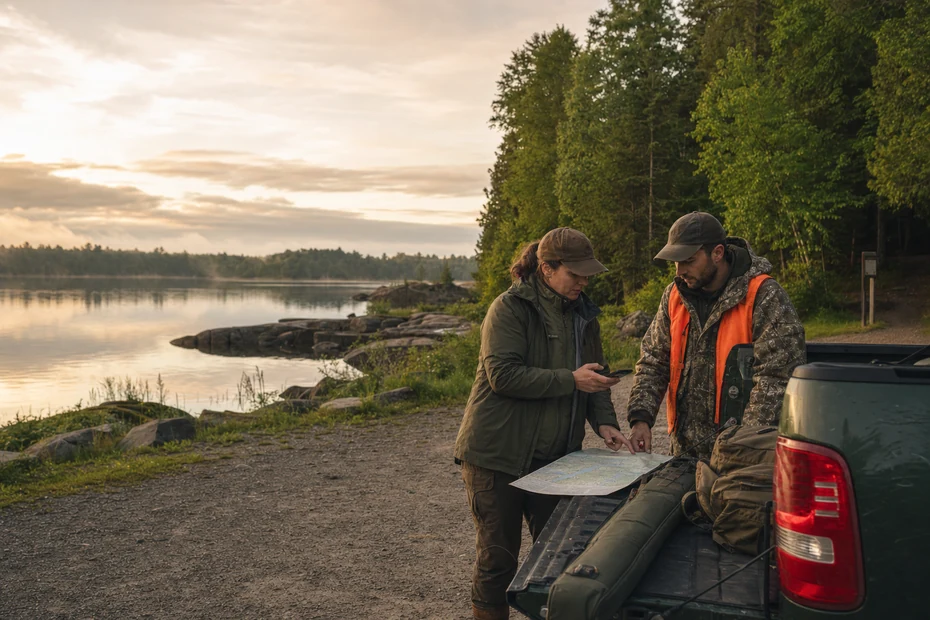 Ontario angler and hunter reviewing a map and phone beside a Shield lake before a trip