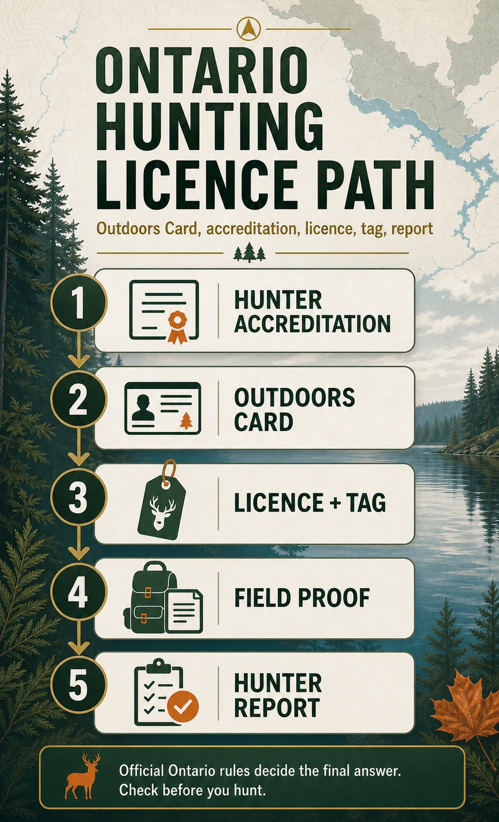 Ontario hunting licence path infographic showing accreditation Outdoors Card licence tag field proof and hunter report