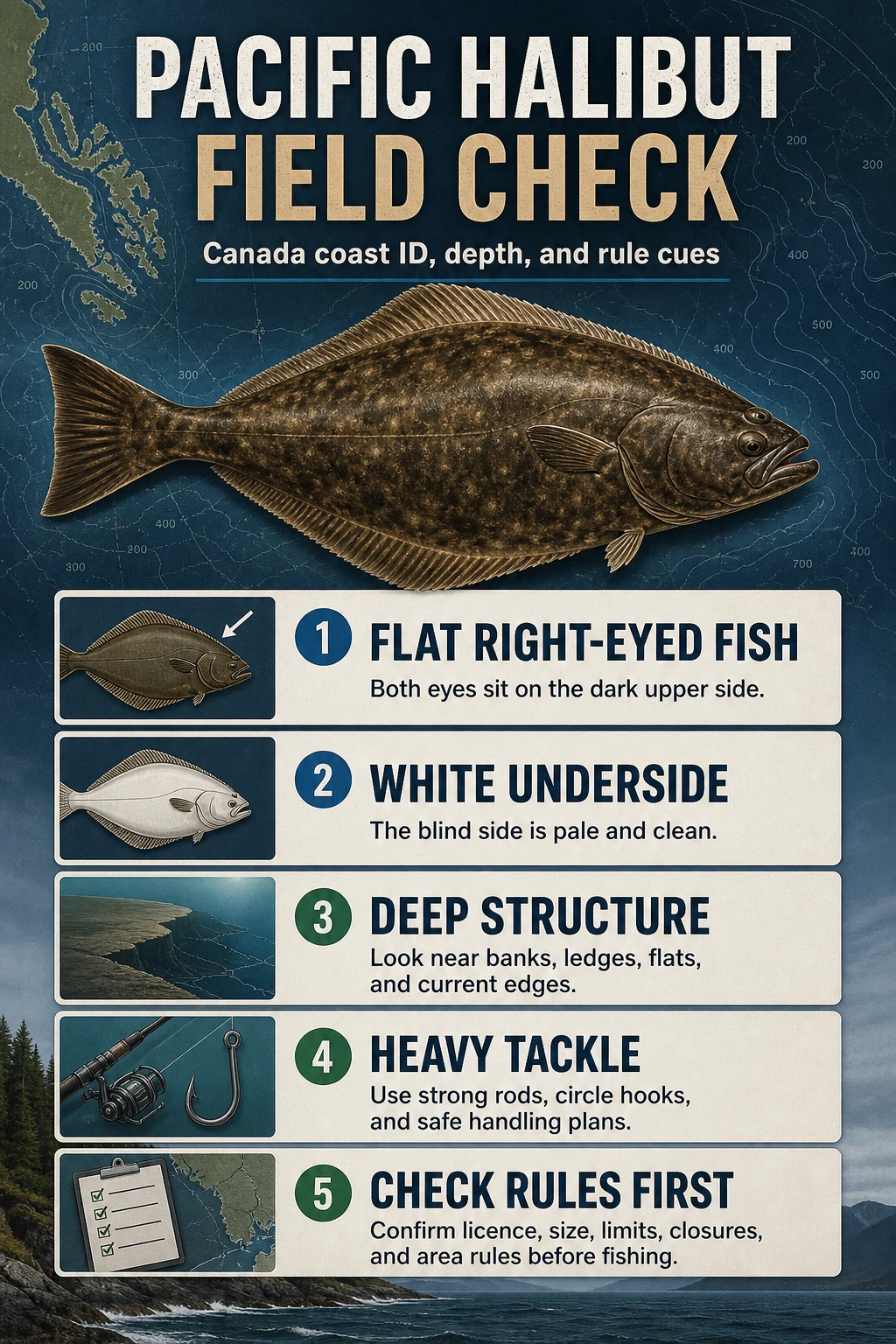 Pacific Halibut Field Check infographic for Canadian coast identification, depth, tackle, and regulation cues