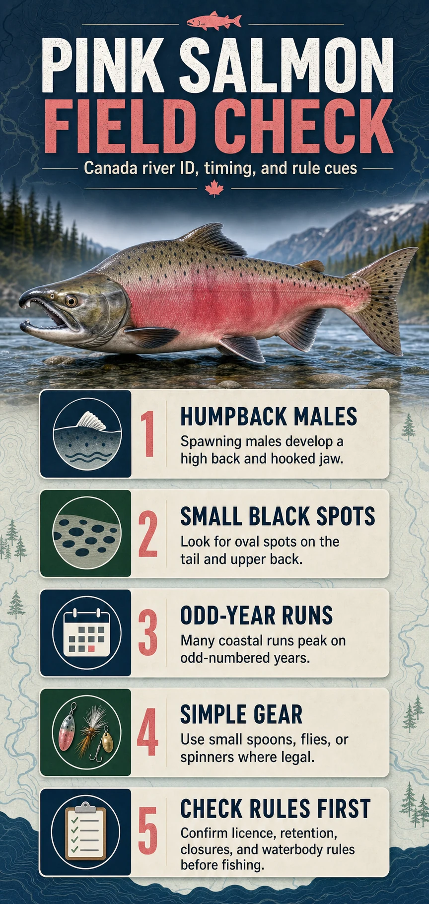Pink Salmon Field Check infographic for Canadian river identification, timing, gear, and regulation cues