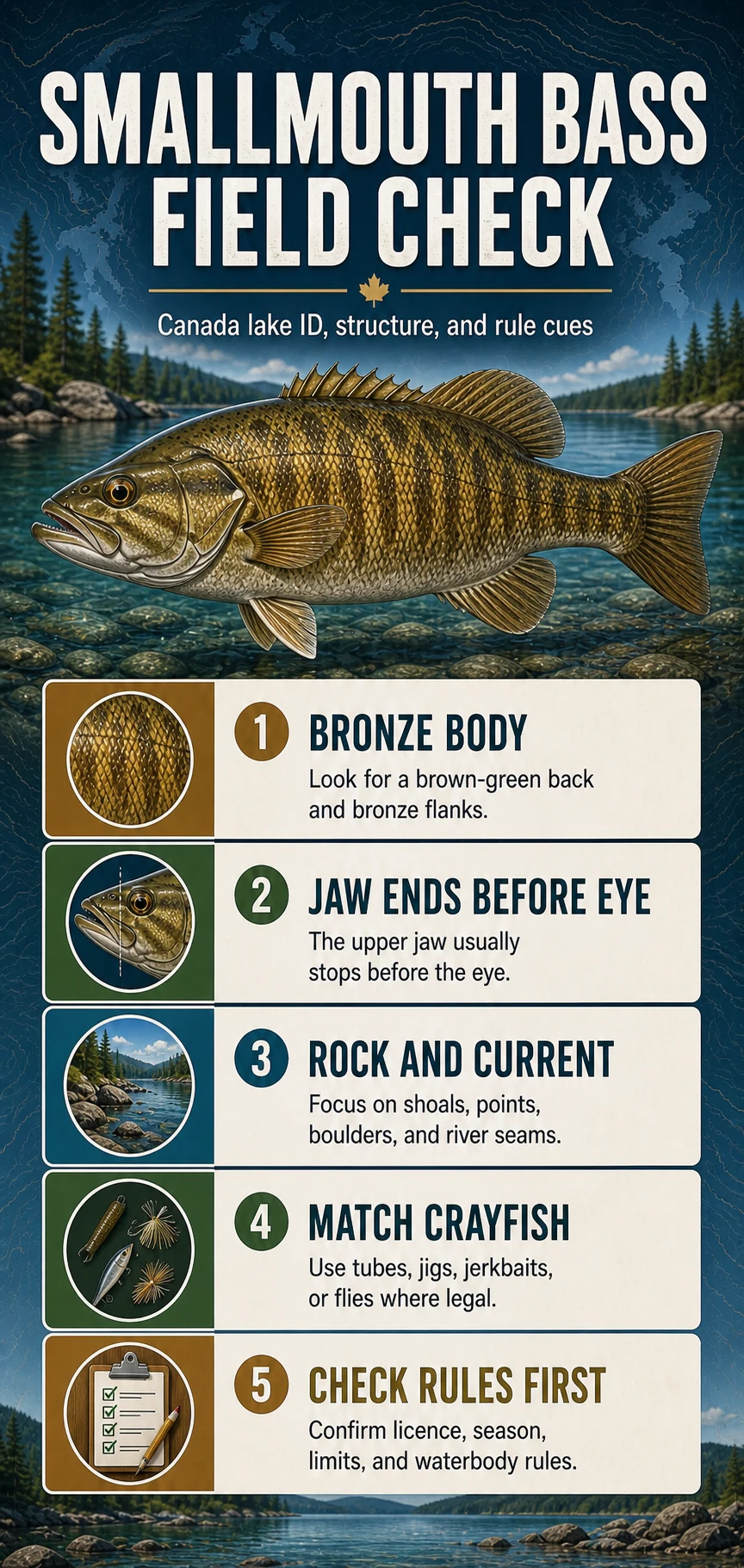 Smallmouth Bass Field Check infographic for Canadian fishing identification, habitat, presentation, and regulation cues