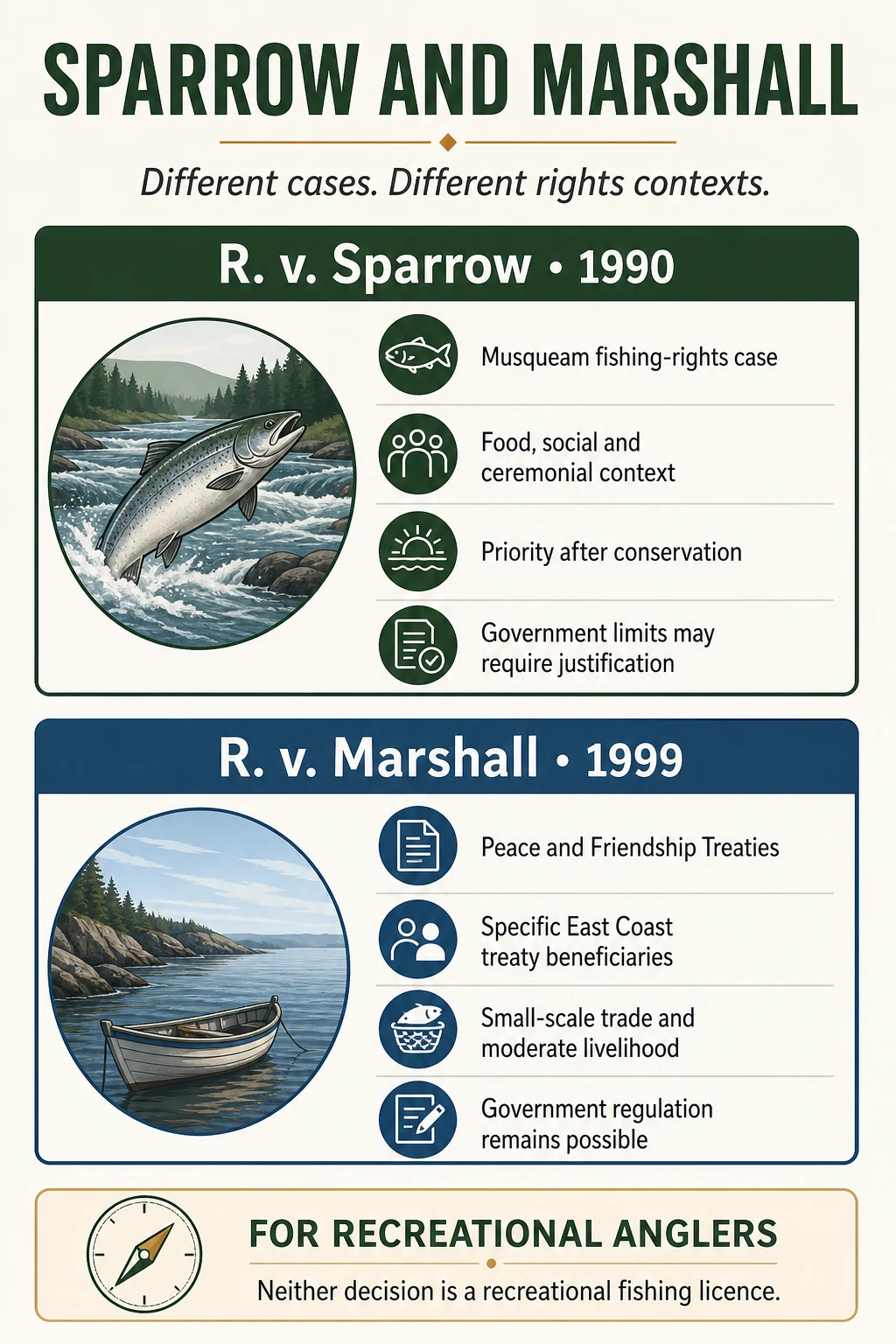 Infographic comparing R. v. Sparrow and R. v. Marshall in Canadian Indigenous fisheries law