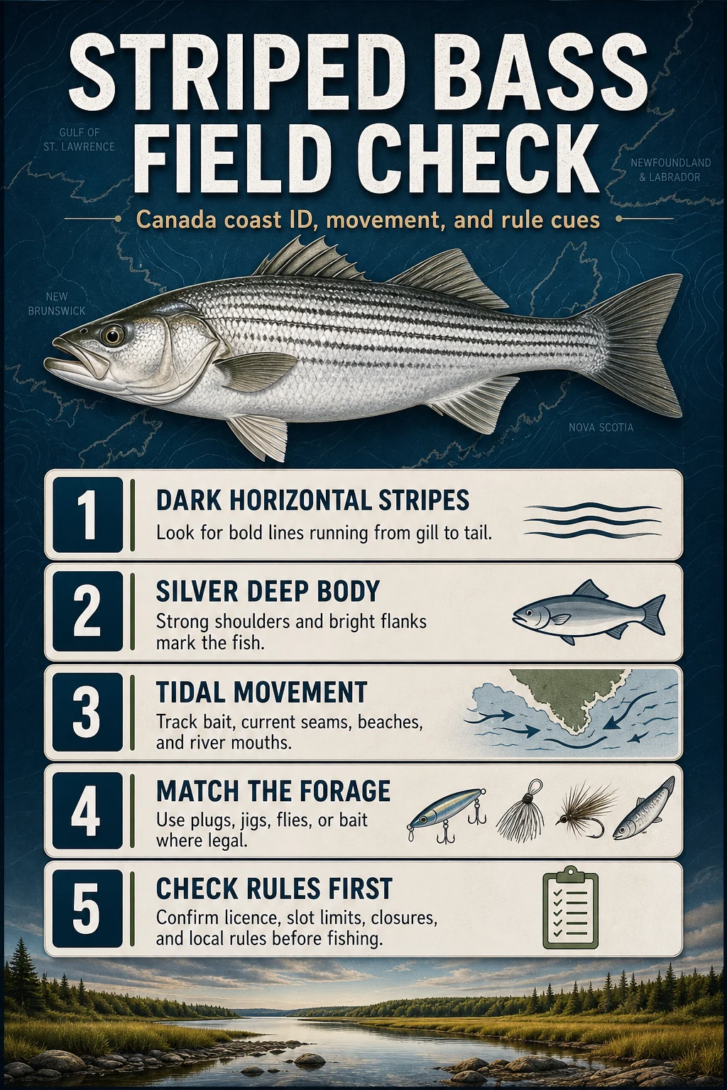 Striped Bass Field Check infographic for Canadian coast identification, movement, forage, and regulation cues