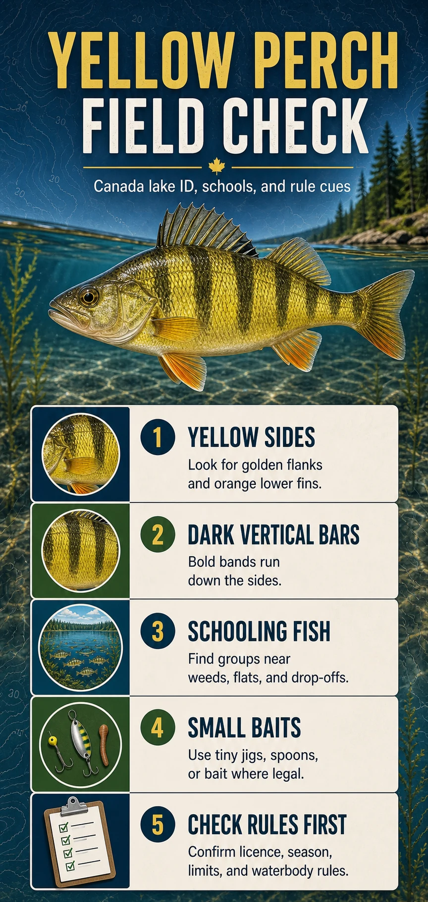 Yellow Perch Field Check infographic for Canadian fishing identification, habitat, presentation, and regulation cues