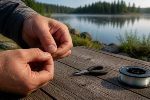 Canadian angler applying advanced fishing knot tying in realistic northern water conditions