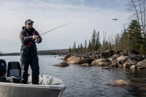 Canadian angler applying advanced jerkbait techniques for walleye in realistic northern water conditions