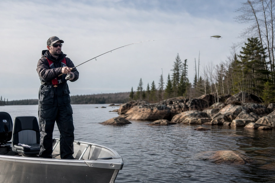 Canadian angler applying advanced jerkbait techniques for walleye in realistic northern water conditions