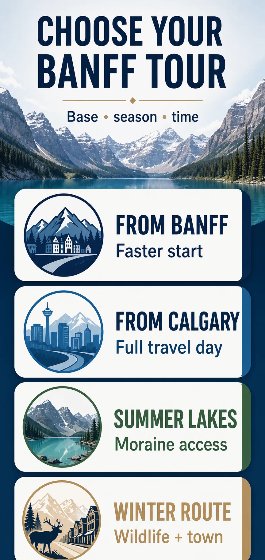 Decision map comparing Banff tours by departure base, season, Lake Louise access, Moraine Lake access and trip length