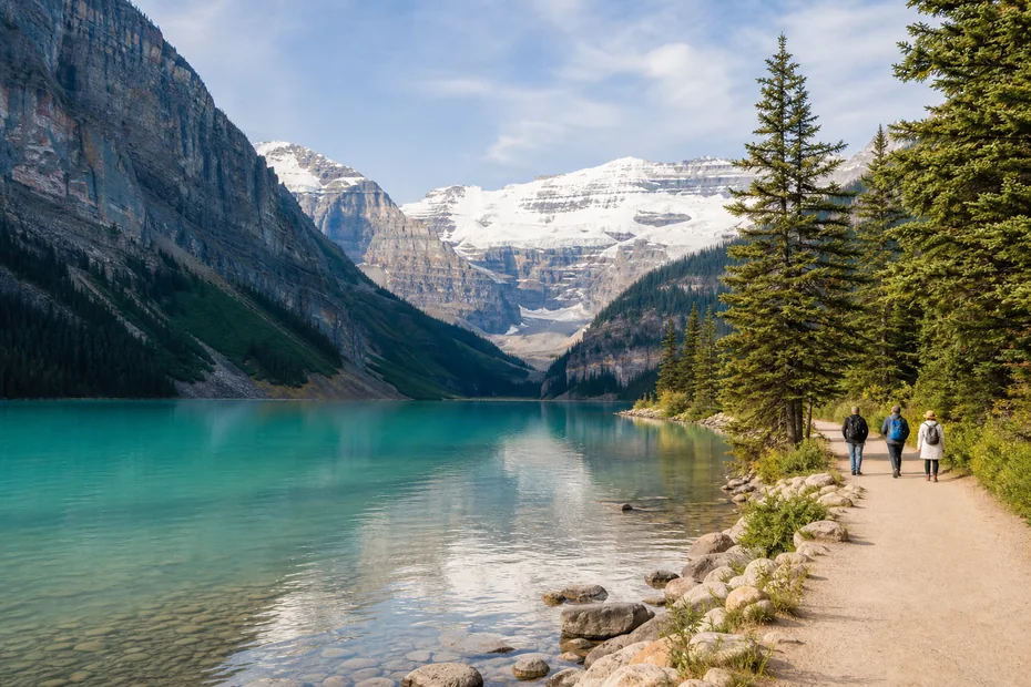 Visitors walking beside turquoise Lake Louise with the Canadian Rockies in Banff National Park
