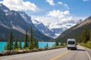 Small tour van approaching turquoise Lake Louise through the Canadian Rockies