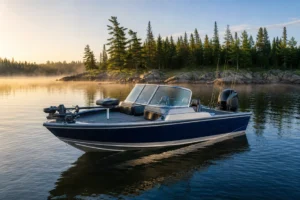 Aluminum multi-species fishing boat on a Canadian boreal lake at sunrise