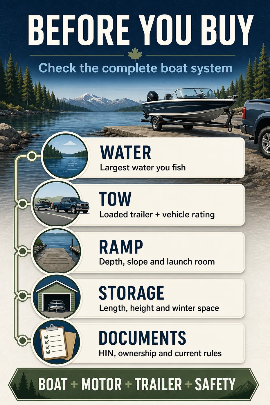 Fishing boat buying checklist covering water, towing, ramp, storage and documents