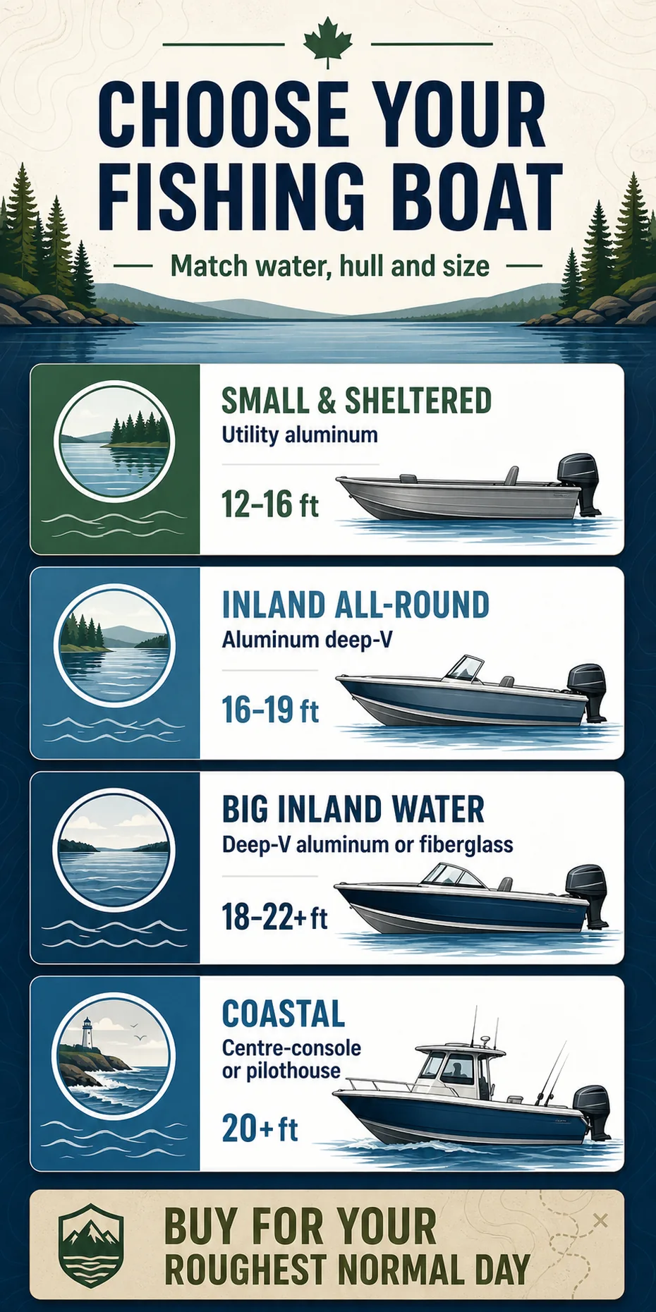 Fishing boat selection infographic matching Canadian water types to hull styles and sizes