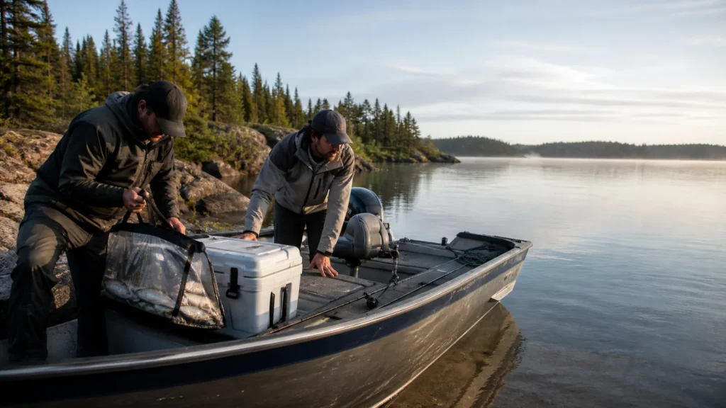Anglers loading a hard cooler and fish bag into a Canadian fishing boat