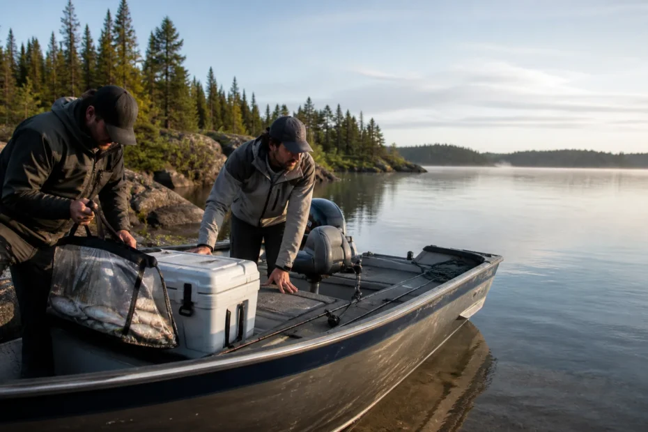 Anglers loading a hard cooler and fish bag into a Canadian fishing boat