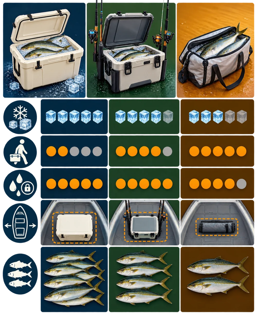 Visual comparison of hard fishing coolers, drybox coolers and insulated fish bags