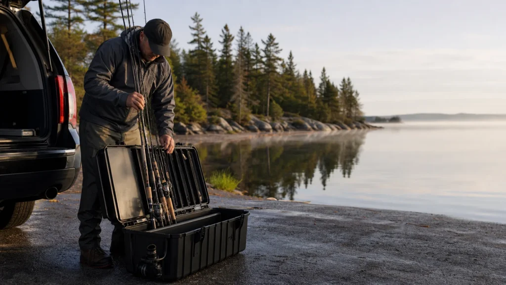 Angler loading fishing rods into a rigid case at a Canadian lake