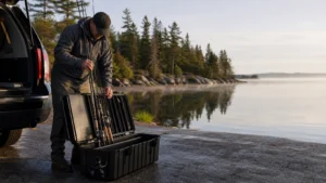 Angler loading fishing rods into a rigid case at a Canadian lake