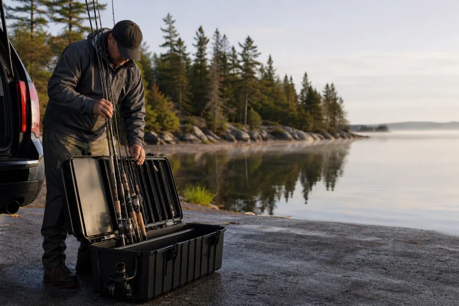 Angler loading fishing rods into a rigid case at a Canadian lake