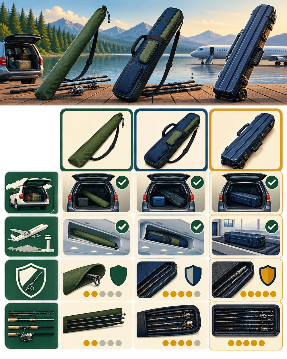 Visual comparison of soft sleeves, padded rod bags and rigid airline fishing rod cases