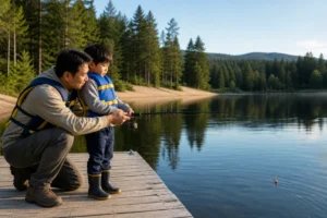 Adult helping a child learn to fish from a safe dock on a calm Canadian lake