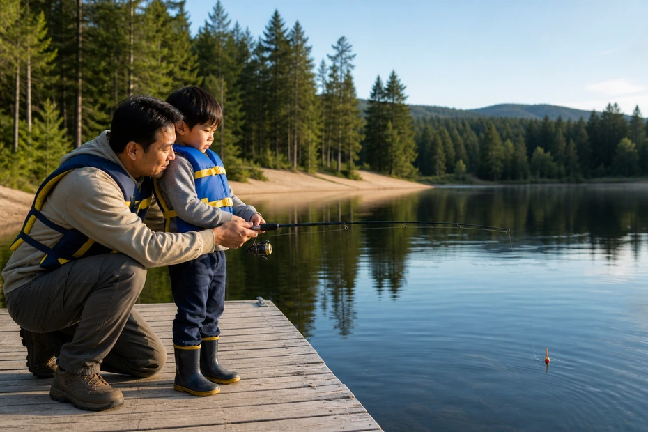 Adult helping a child learn to fish from a safe dock on a calm Canadian lake