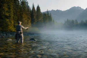 Fly angler casting on a clear Canadian mountain river