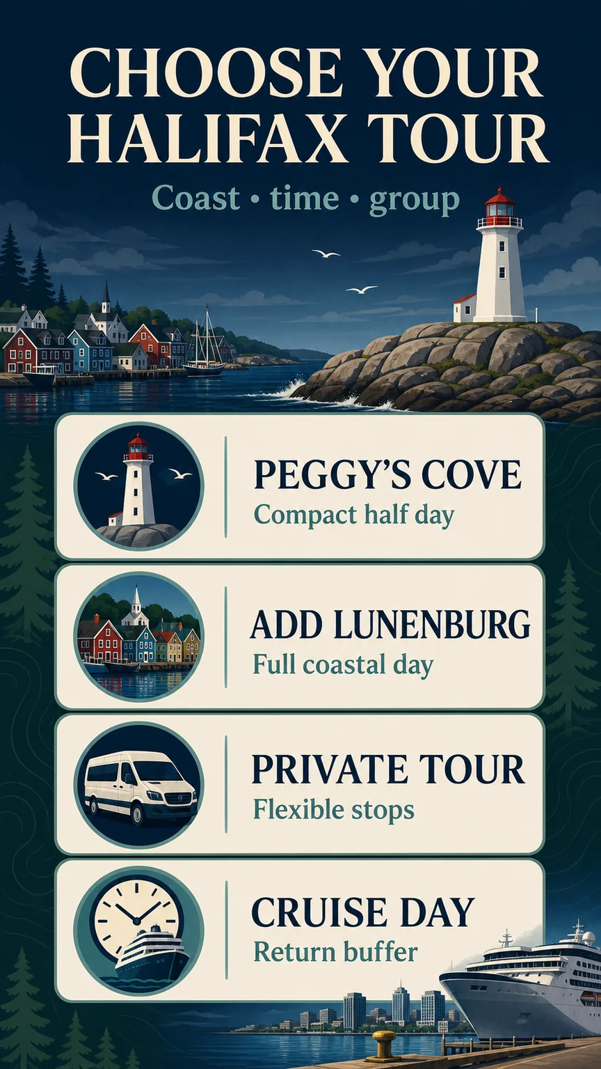 Decision infographic comparing Halifax tours by Peggys Cove Lunenburg private stops and cruise timing