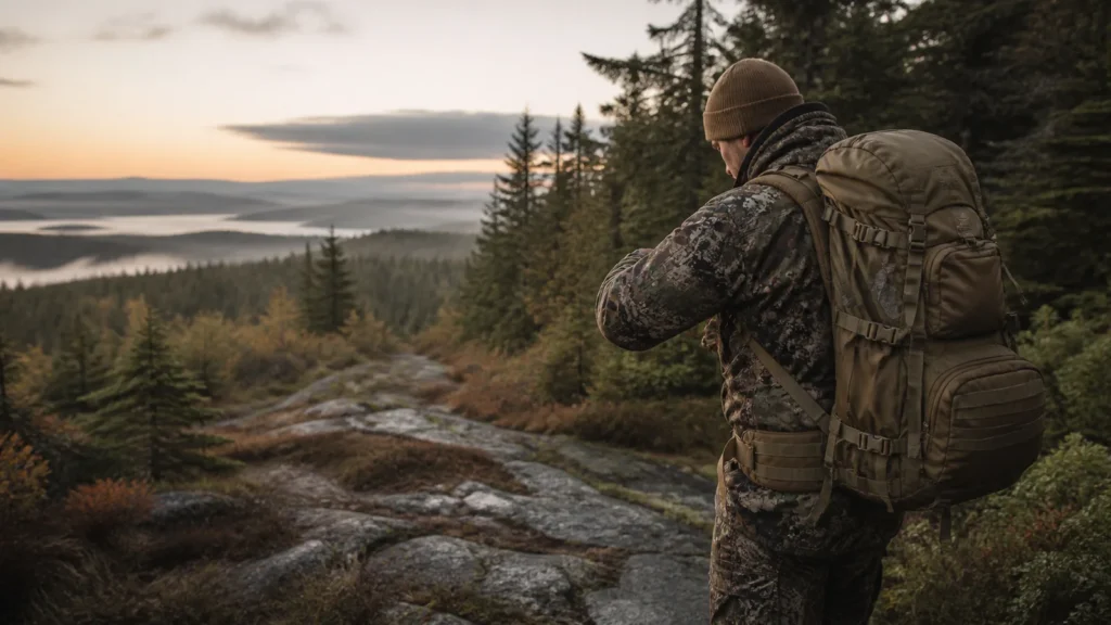 Hunter adjusting a large backpack on a northern Canadian trail