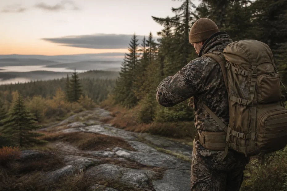 Hunter adjusting a large backpack on a northern Canadian trail