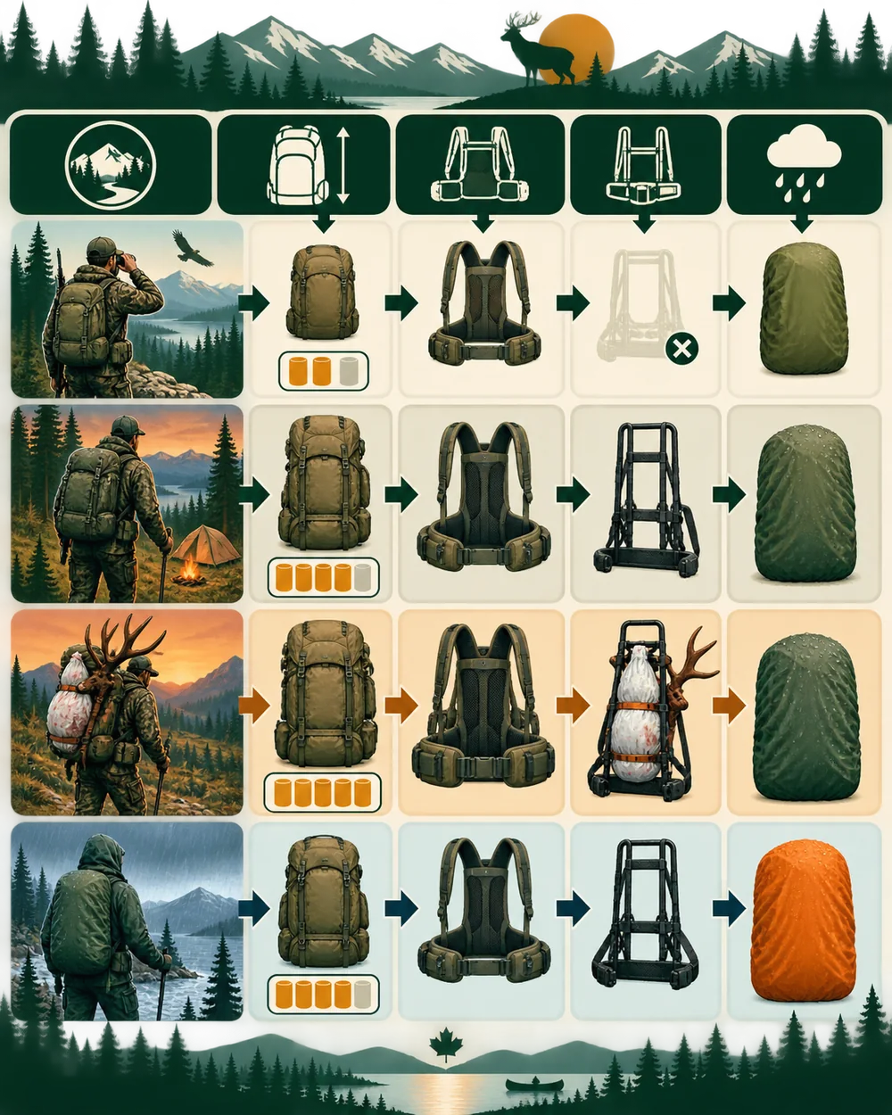 Visual matrix for choosing hunting backpack capacity, suspension, load hauling and rain protection