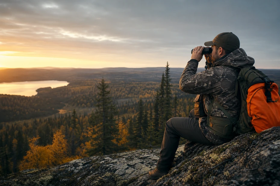 Canadian hunter glassing a boreal valley with 10x42 binoculars