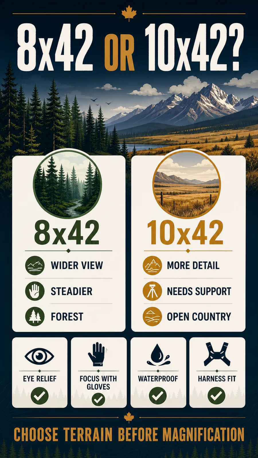 Hunting binocular decision guide comparing 8x42 and 10x42 by Canadian terrain