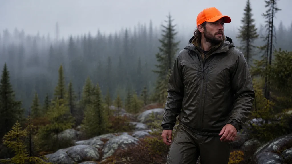 Hunter in waterproof gear walking through rain in a boreal forest