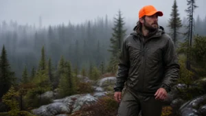 Hunter in waterproof gear walking through rain in a boreal forest