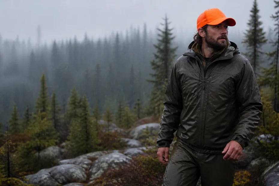 Hunter in waterproof gear walking through rain in a boreal forest