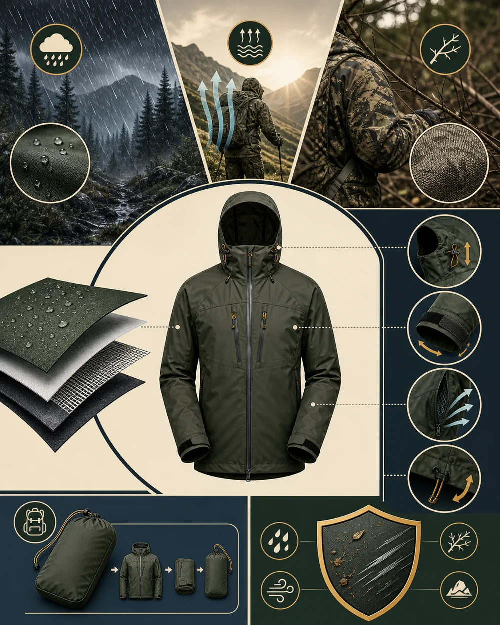 Visual guide to waterproof layers, ventilation, sealed seams, hood and cuff fit, packability and abrasion