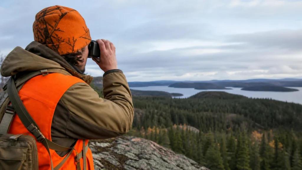 Hunter in blaze orange using a laser rangefinder over Canadian wilderness