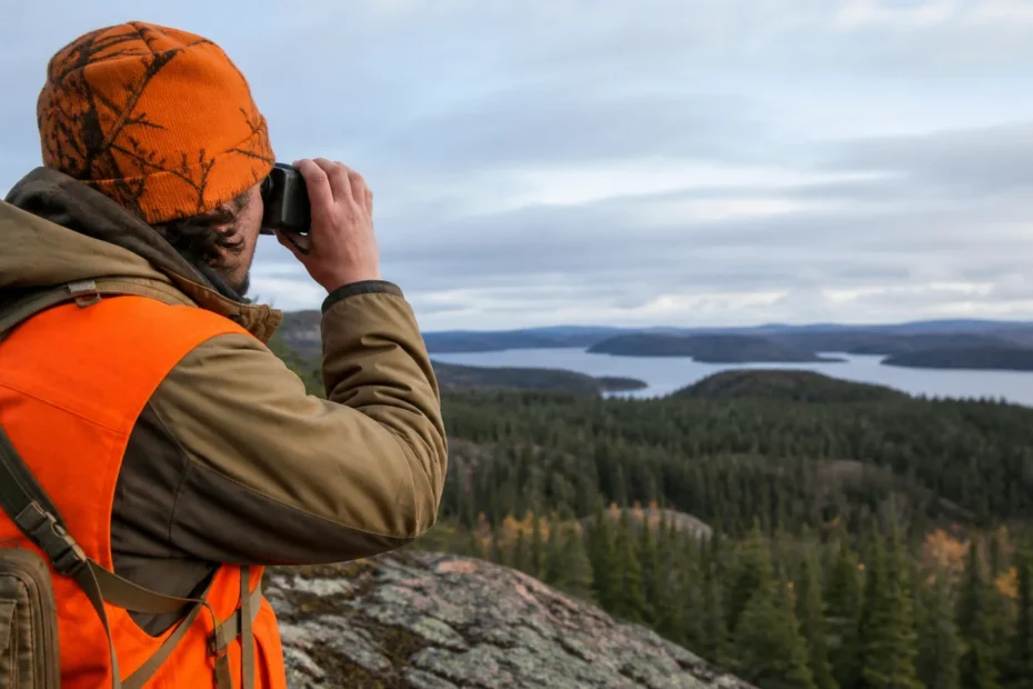 Hunter in blaze orange using a laser rangefinder over Canadian wilderness
