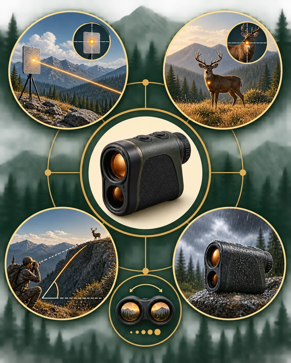 Visual guide to reflective range, deer range, angle compensation, magnification and weather resistance