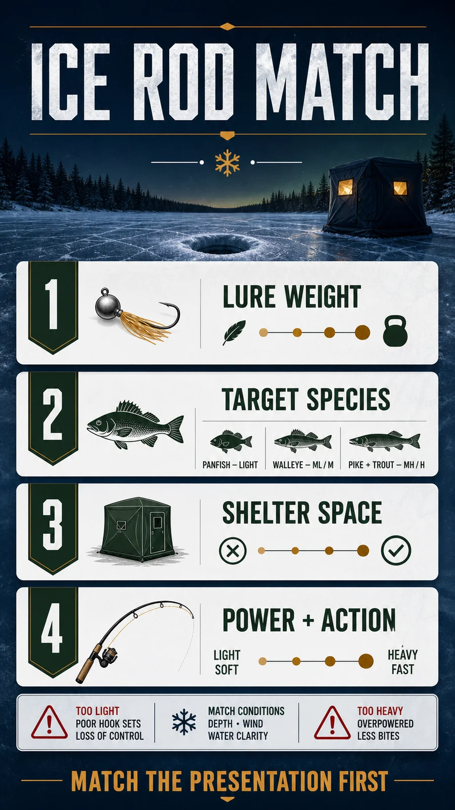 Ice fishing rod decision guide matching species, lure weight, length, power and action