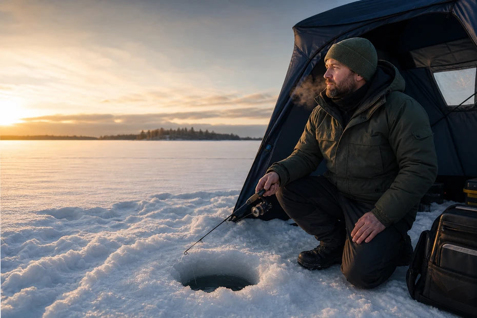 Canadian angler jigging with a short ice fishing rod on a frozen lake