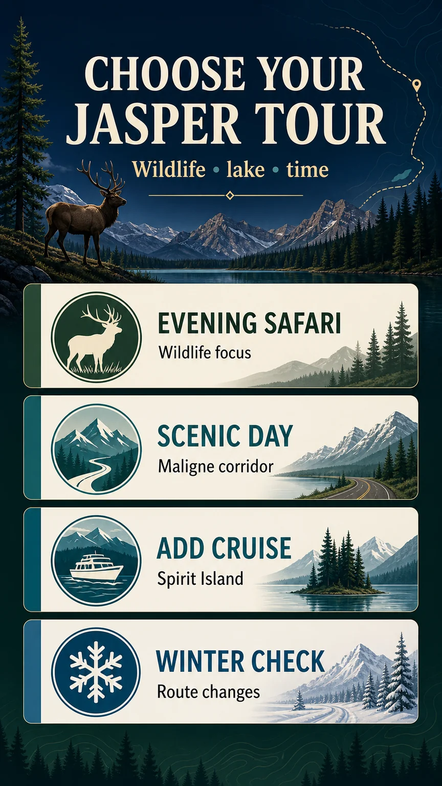 Decision infographic comparing Jasper tours by wildlife focus Maligne Lake cruise and season