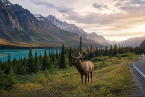 Wild elk beside a scenic mountain road and turquoise lake in Jasper National Park